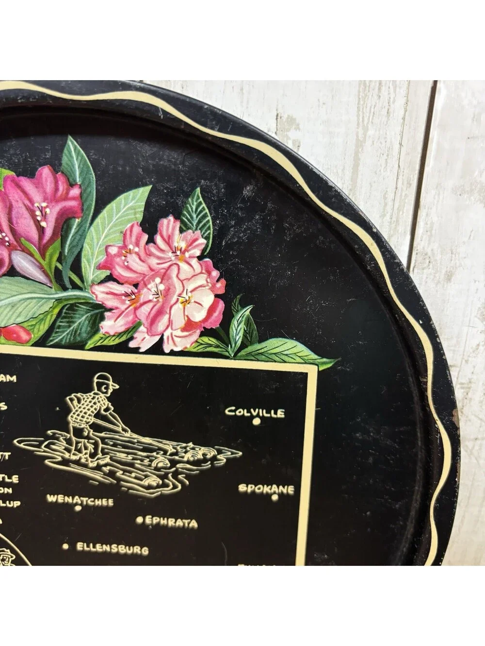 Vintage Washington State 11in Black Metal Wall Decor Serving Tray Rhododendron
